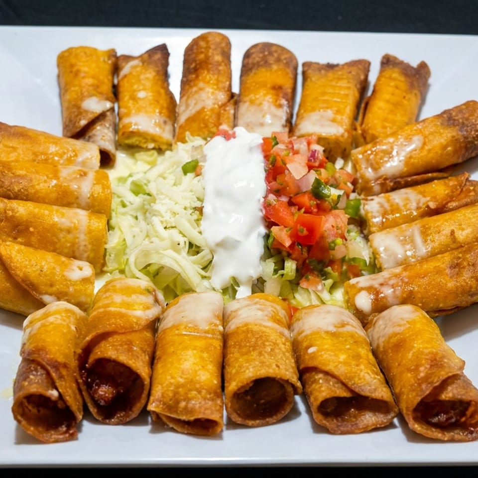 Platter of golden fried taquitos arranged around shredded lettuce, sour cream, and fresh pico de gallo.